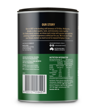 Back view of a green and black can with text and nutrition information on a white background